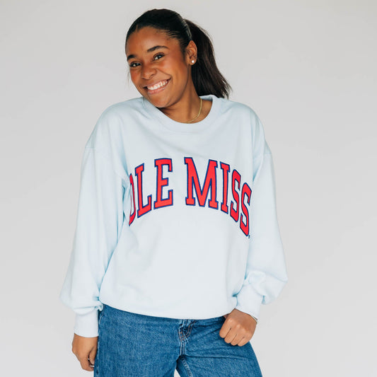 The Mallory Crewneck Ole Miss Applique | Ice Blue