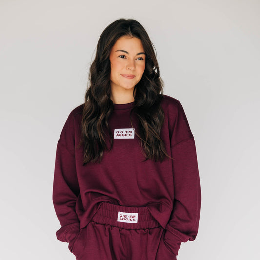 The Ava Airy Crewneck Gig 'Em Aggies Woven Label | Deep Maroon