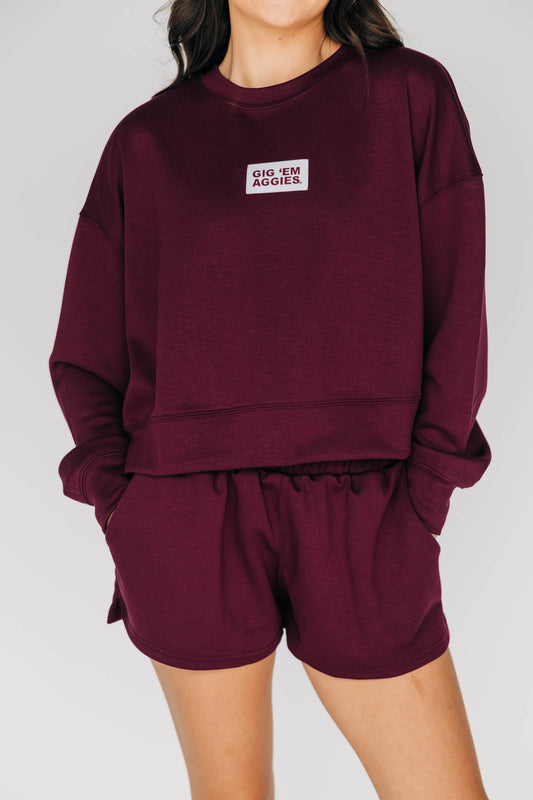 The Ava Airy Crewneck Gig 'Em Aggies Woven Label | Deep Maroon