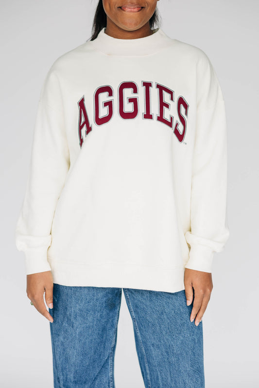 The Madi Classic Mockneck Aggies Applique | Bone