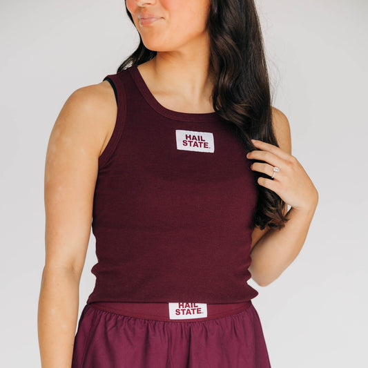 The Alli Ribbed Tank Hail State Woven Label | Deep Maroon