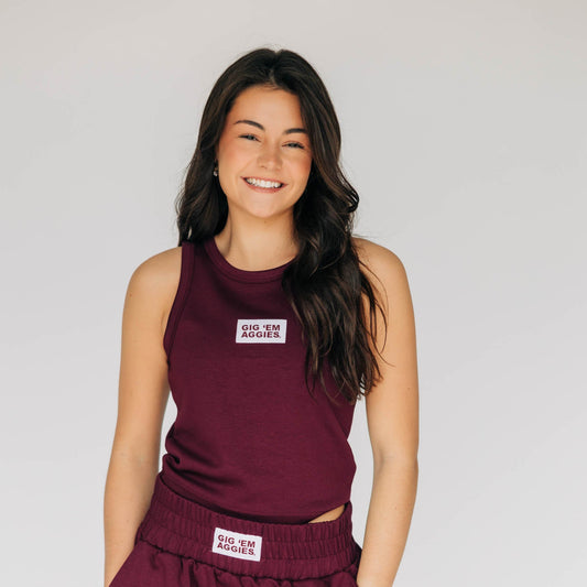 The Alli Airy Tank Gig 'Em Aggies Woven Label | Deep Maroon
