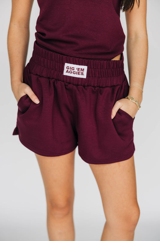 The Ava Airy Shorts Gig 'Em Aggies Woven Label | Deep Maroon