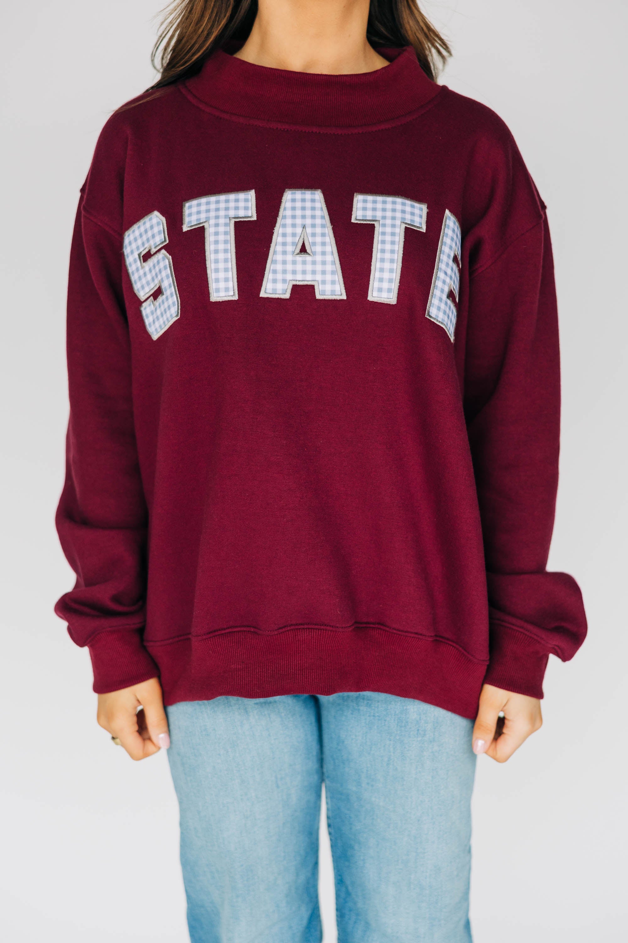 The Mallory Mockneck Mississippi State Gingham | Deep Maroon