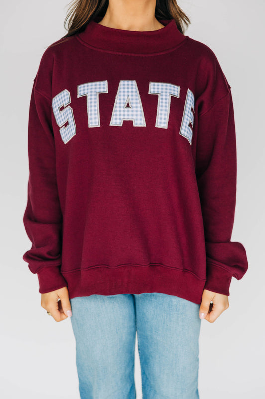 The Mallory Mockneck Mississippi State Gingham | Deep Maroon