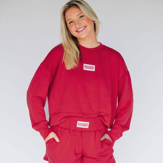 The Ava Airy Crewneck Boomer Sooner Woven Label | Crimson
