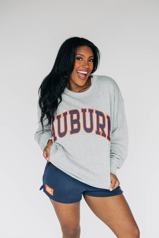 The Mallory Applique Crewneck Auburn Applique | Heather Grey