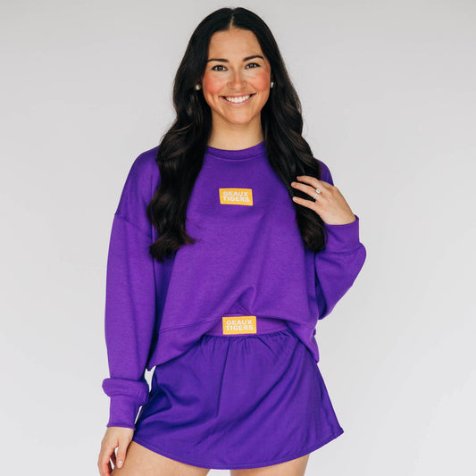 The Ava Airy Crewneck Geaux Tigers Woven Label | Purple