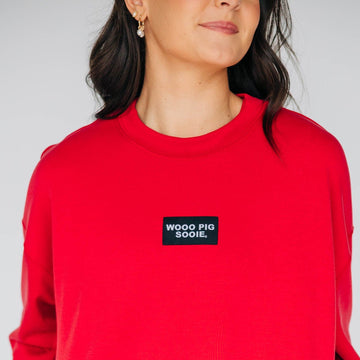 The Ava Airy Crewneck Wooo Pig Sooie Woven Label | Crimson