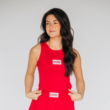 The Alli Airy Tank Boomer Sooner Woven Label | Crimson