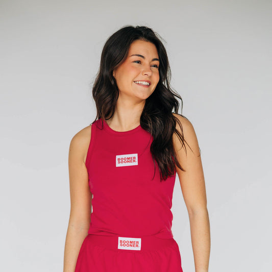 The Alli Airy Tank Boomer Sooner Woven Label | Crimson