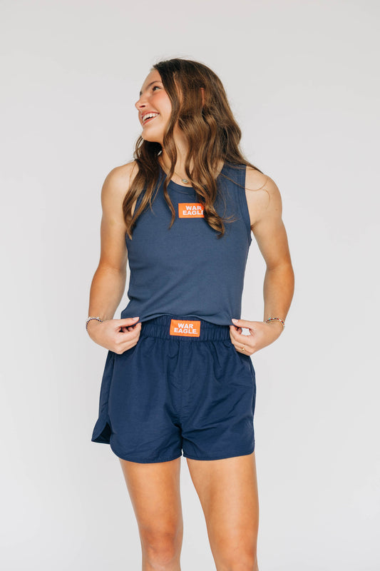 The Liz Nylon Shorts War Eagle Woven Label | Navy