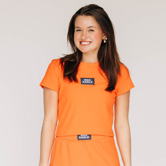 The Raegan Ribbed Baby Tee War Eagle Woven Label | Orange