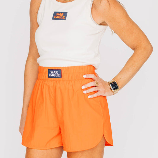 The Liz Nylon Shorts War Eagle Woven Label | Orange