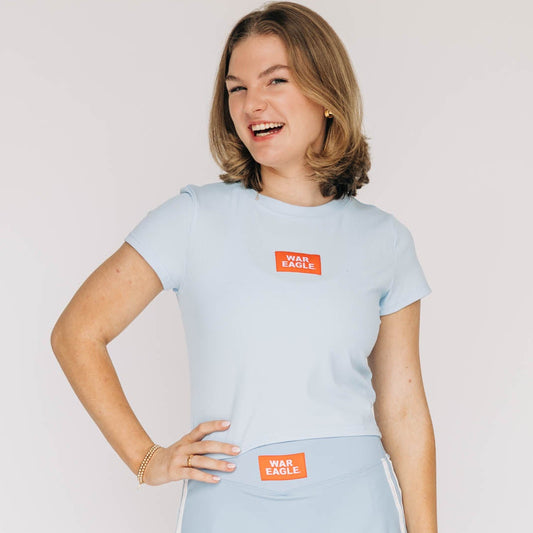 The Raegan Ribbed Baby Tee War Eagle Woven Label | Light Blue