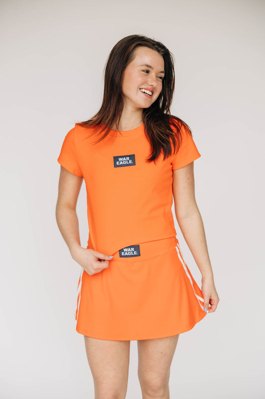 The Savannah Sporty Skort War Eagle Woven Label | Orange