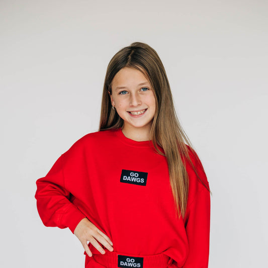The Ava Airy Crewneck Go Dawgs Woven Label | Youth Bright Red