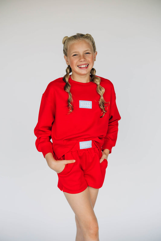 The Ava Airy Crewneck Hotty Toddy Woven Label | Youth Bright Red
