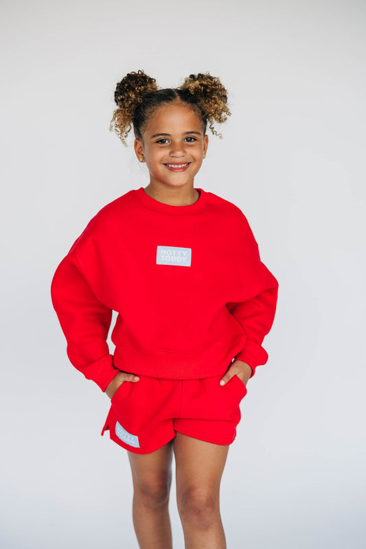 The Becca Boxy Crewneck Hotty Toddy Woven Label | Youth Bright Red