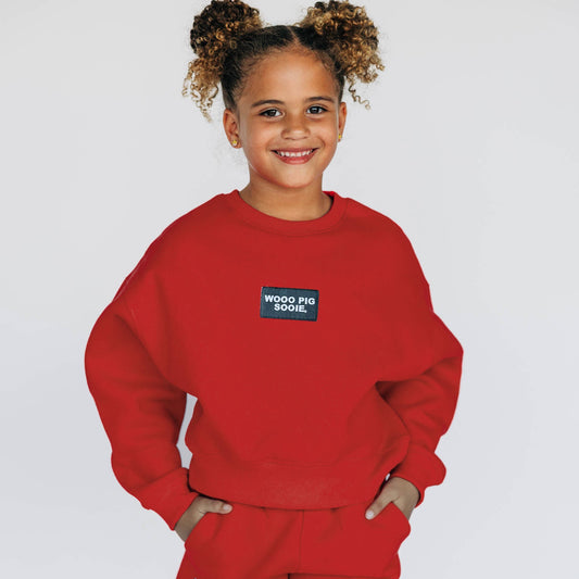 The Becca Boxy Crewneck Woo Pig Sooie Woven Label | Youth Crimson