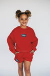 The Becca Boxy Crewneck Woo Pig Sooie Woven Label | Youth Crimson