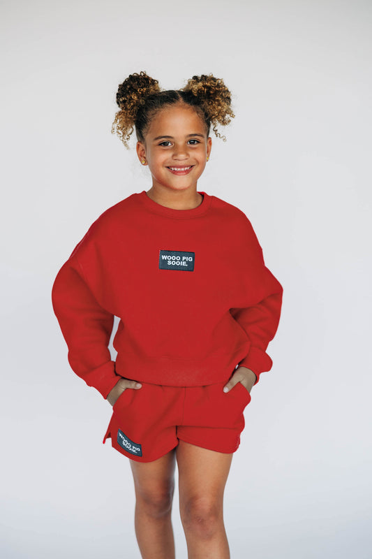 The Becca Boxy Crewneck Woo Pig Sooie Woven Label | Youth Crimson