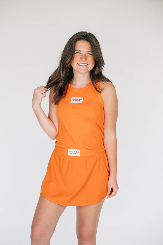 The Alli Tennis Skort Hook 'Em Horns Woven Label | Burnt Orange