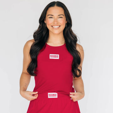 The Alli Ribbed Tank Boomer Sooner Woven Label | Crimson