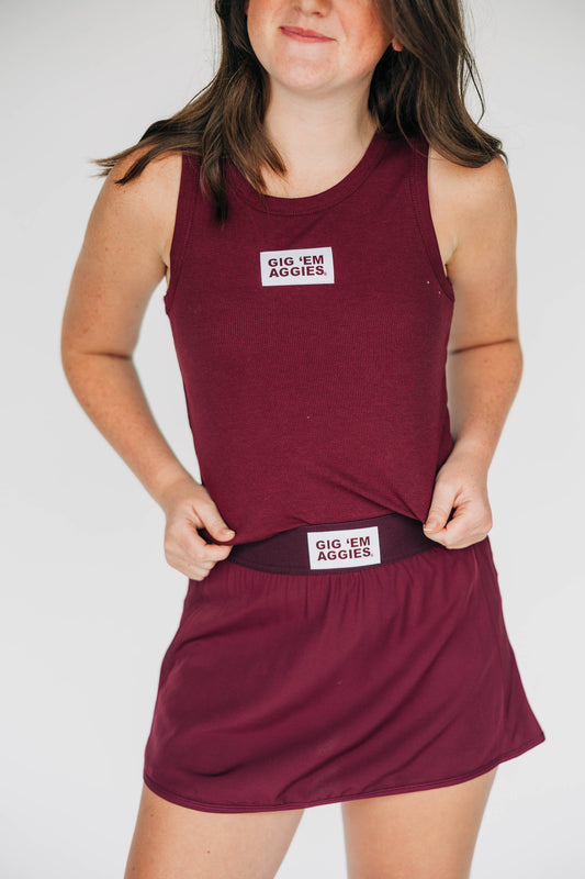 The Alli Ribbed Tank Gig 'Em Aggies Woven Label | Deep Maroon