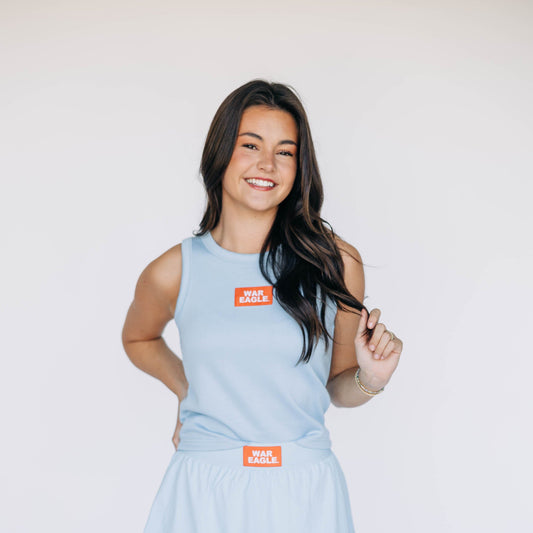 The Alli Airy Tank War Eagle Woven Label | Light Blue