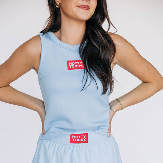 The Alli Airy Tank Hotty Toddy Woven Label | Light Blue