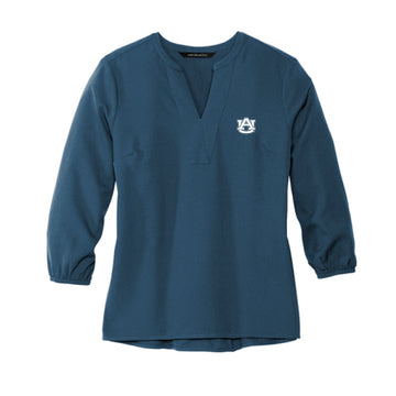 The AU Logo | Embroidered Insignia Blue	Crepe 3/4-Sleeve Blouse
