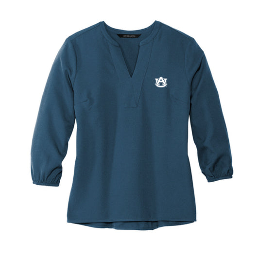 The AU Logo | Embroidered Insignia Blue	Crepe 3/4-Sleeve Blouse