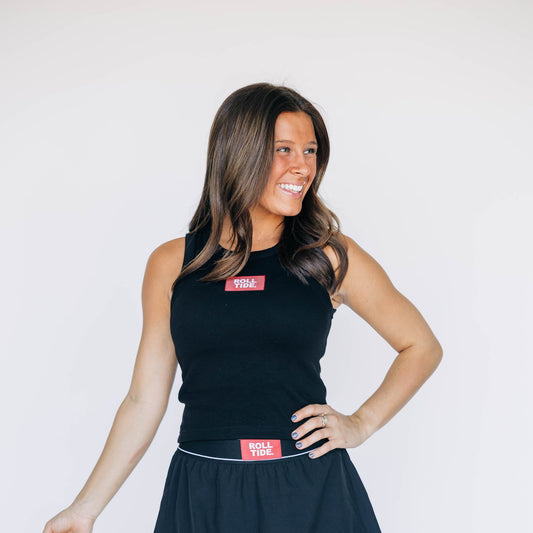 The Alli Ribbed Tank Roll Tide Woven Label | Black