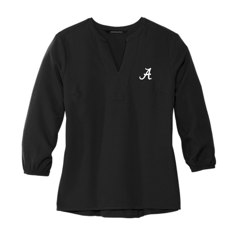 The Alabama A Logo | Embroidered Black Crepe 3/4 Sleeve Blouse