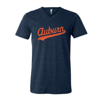 The Auburn Script Logo | Heather Navy V-Neck Tee