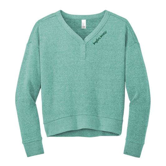 The Baylor Bears Cursive | Embroidered Heather Eucalyptus Blue V-Neck Sweatshirt