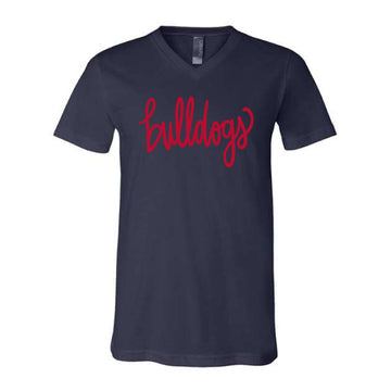 The Bulldogs Script | Navy V-Neck Tee