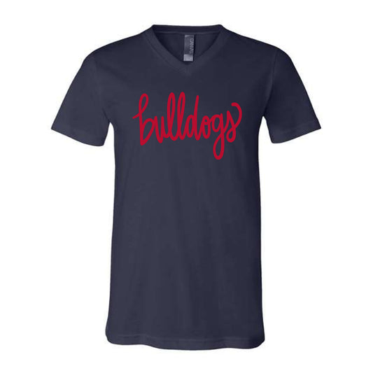 The Bulldogs Script | Navy V-Neck Tee