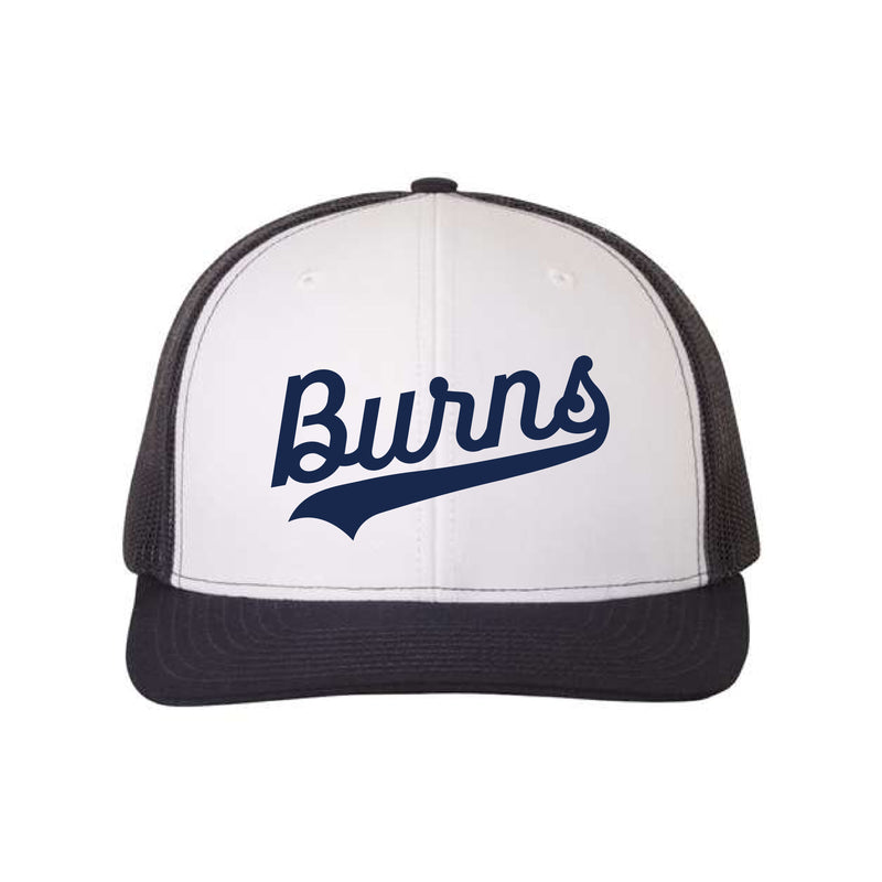 The Burns Script In 3D Puff | Embroidered White/Navy Richardson Snapback Trucker Cap