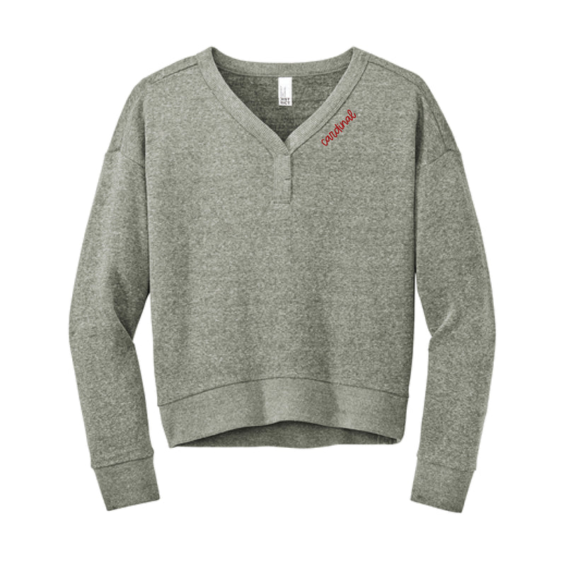 The Cardinal Script | Embroidered Adult Grey Frost V-Neck Sweatshirt