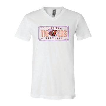 The Clemson License Plate | White V-Neck Tee