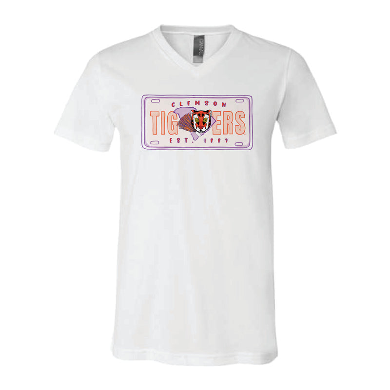 The Clemson License Plate | White V-Neck Tee