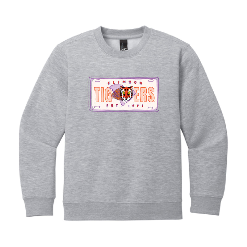 The Clemson License Plate | Youth Light Heather Grey Sweatshirt