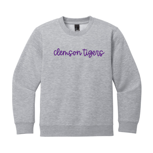 The Clemson Tigers Cursive | Youth Light Heather Grey Sweatshirt