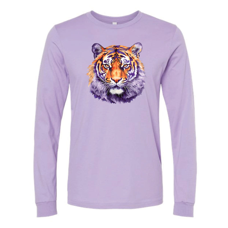 The Clemson Tigers Watercolor Mascot | Dark Lavender Long Sleeve Tee