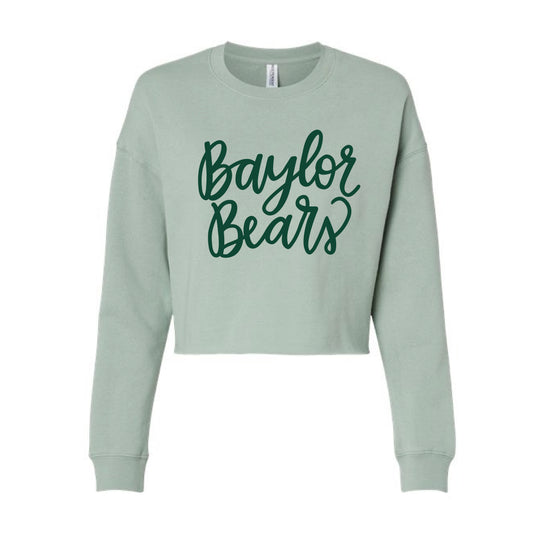 The Cursive Baylor Bears | Sage Fleece Lightweight Crop Crewneck Sweatshirt
