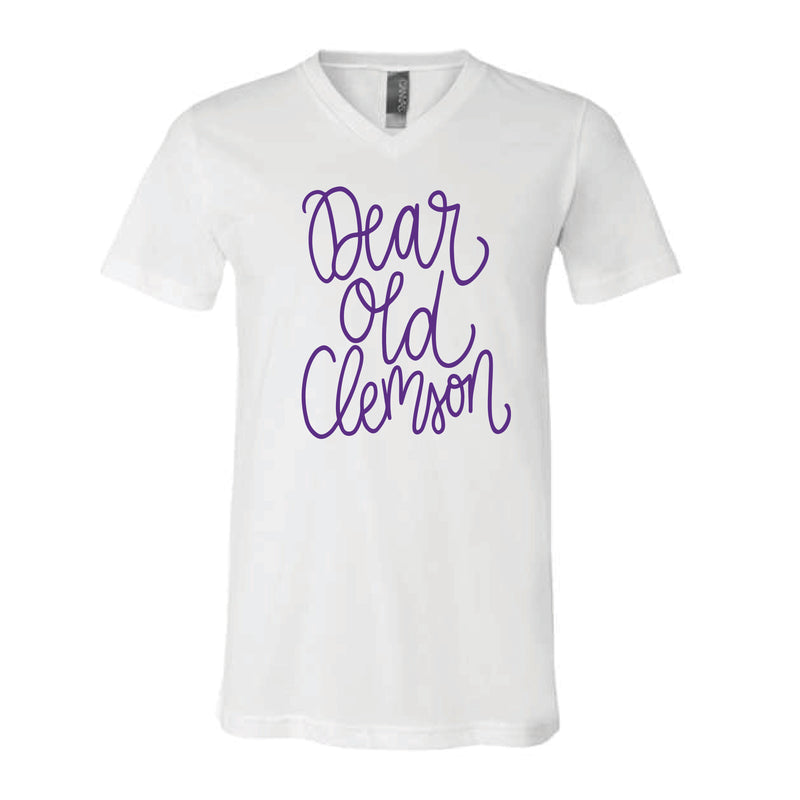 The Dear Ole Clemson Script | White V-Neck Tee