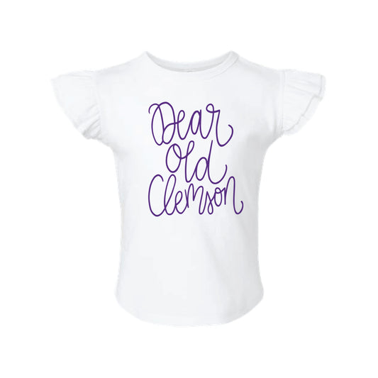 The Dear Ole Clemson Script | Toddler White Flutter Sleeve Tee