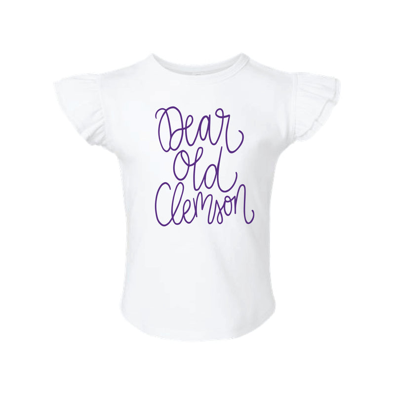 The Dear Ole Clemson Script | Toddler White Flutter Sleeve Tee